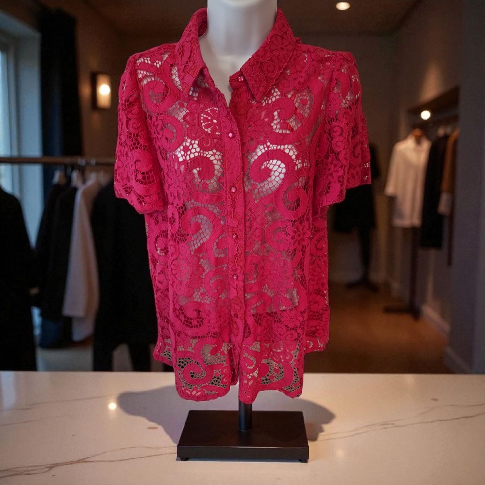 Saks Fifth Avenue Hot Pink Lace Button-Up Blouse